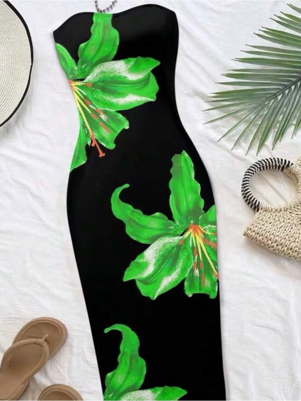 SHEIN Black Strapless Dress with Bright Green Floral Print